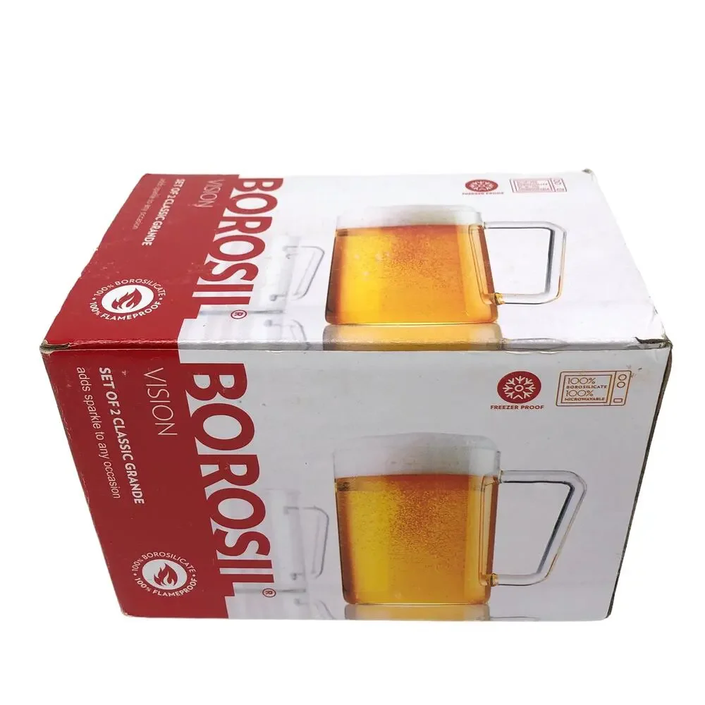 NEW Set of 2 Clear Borosilicate Glass Beer Coffee Mugs 500ml 17oz Borosil Vision